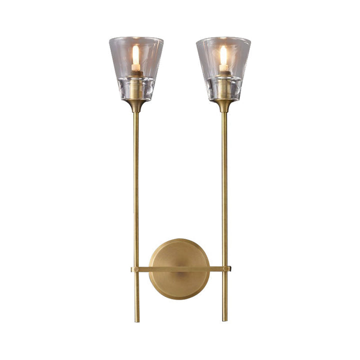 Black/Brass Finish Pencil Arm Wallchiere Vintage Metallic 1/2 Bulbs Wall Lamp with Clear Tapered Glass Shade
