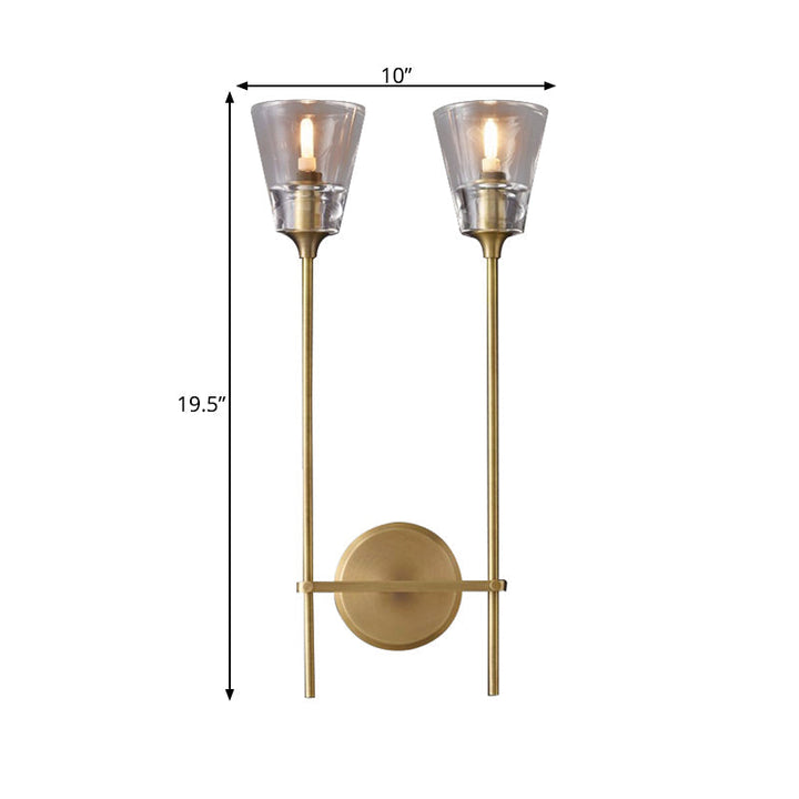 Black/Brass Finish Pencil Arm Wallchiere Vintage Metallic 1/2 Bulbs Wall Lamp with Clear Tapered Glass Shade