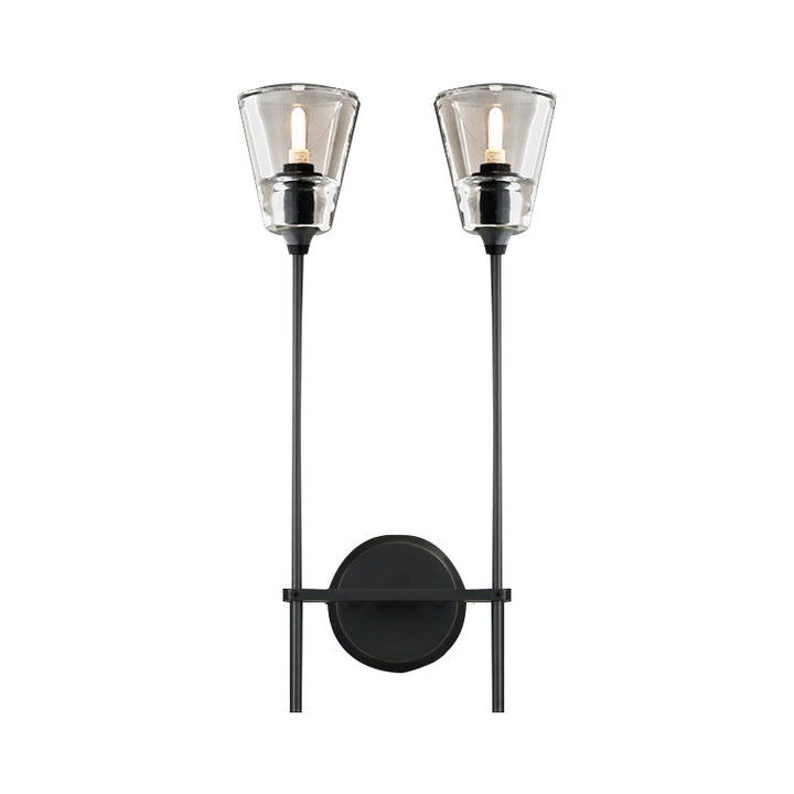 Black/Brass Finish Pencil Arm Wallchiere Vintage Metallic 1/2 Bulbs Wall Lamp with Clear Tapered Glass Shade