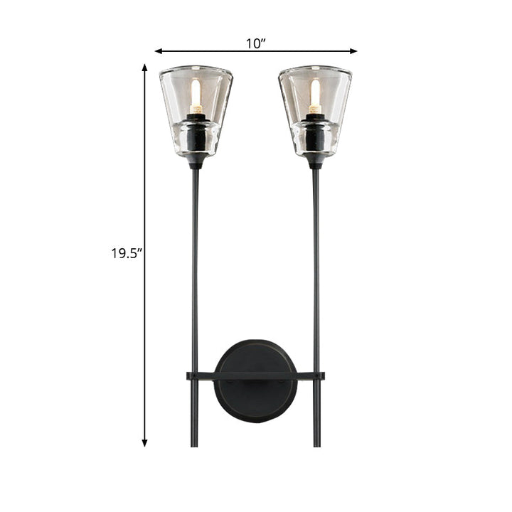 Black/Brass Finish Pencil Arm Wallchiere Vintage Metallic 1/2 Bulbs Wall Lamp with Clear Tapered Glass Shade