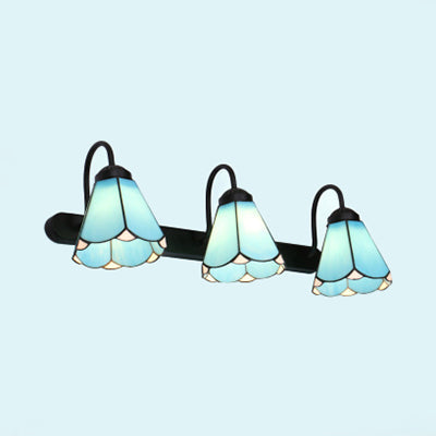 3 Heads Conical Wall Mount Light Tiffany White/Blue Glass Vanity Light Fixture for Bathroom
