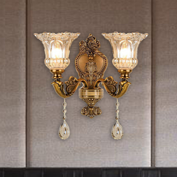Vintage Floral Wall Mount Lamp 1/2 Heads Beveled Crystal Prism Wall Sconce Light in Brass