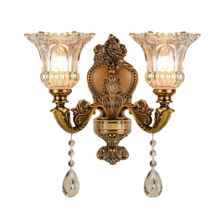 Vintage Floral Wall Mount Lamp 1/2 Heads Beveled Crystal Prism Wall Sconce Light in Brass