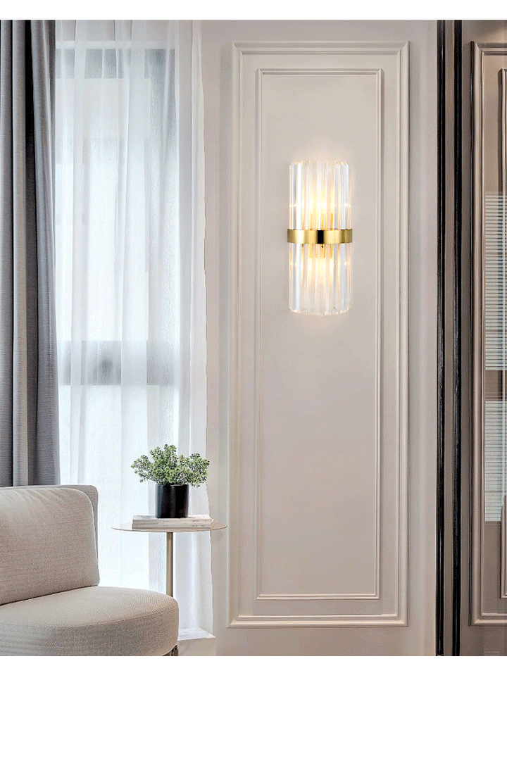 Cylinder/Tapered Wall Light Fixture Postmodern Prismatic/Fluted Crystal 2-Light Living Room Flush Mount Wall Sconce in Gold