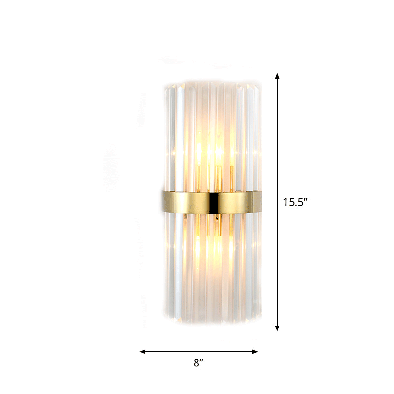 Cylinder/Tapered Wall Light Fixture Postmodern Prismatic/Fluted Crystal 2-Light Living Room Flush Mount Wall Sconce in Gold