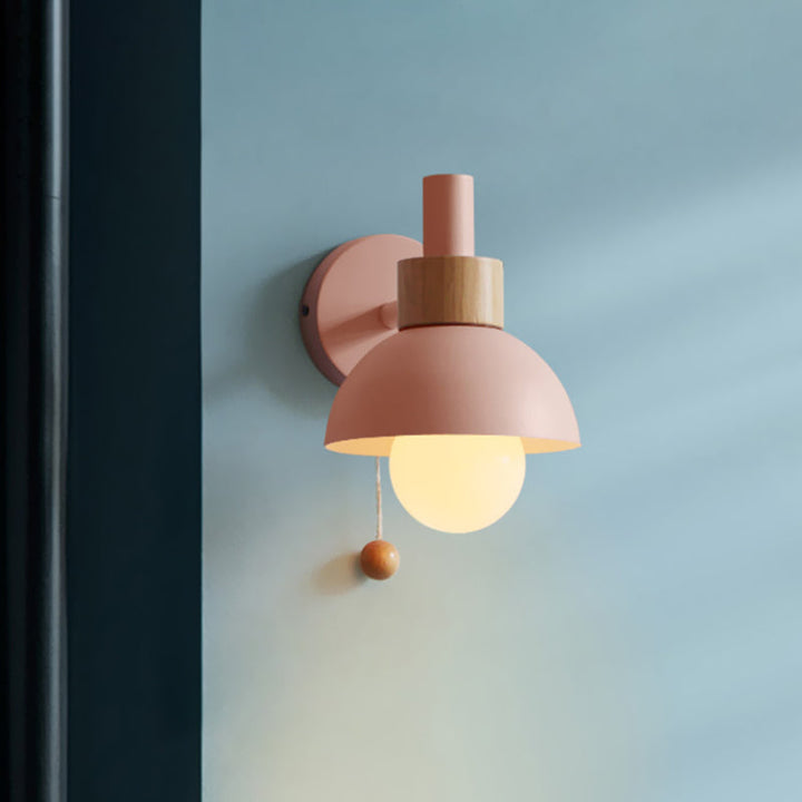 Macaron Domed Sconce Light Fixture 1 Bulb Wall Light Fixture with Metal Shade and Pull Chain in White/Pink/Green