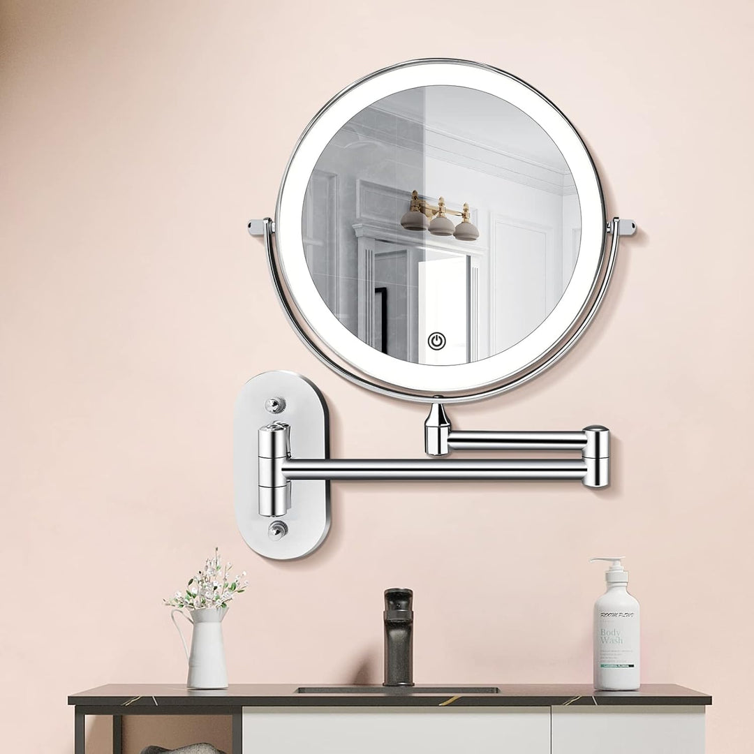 Illuminated wall mirror with 10x magnification and USB charging function