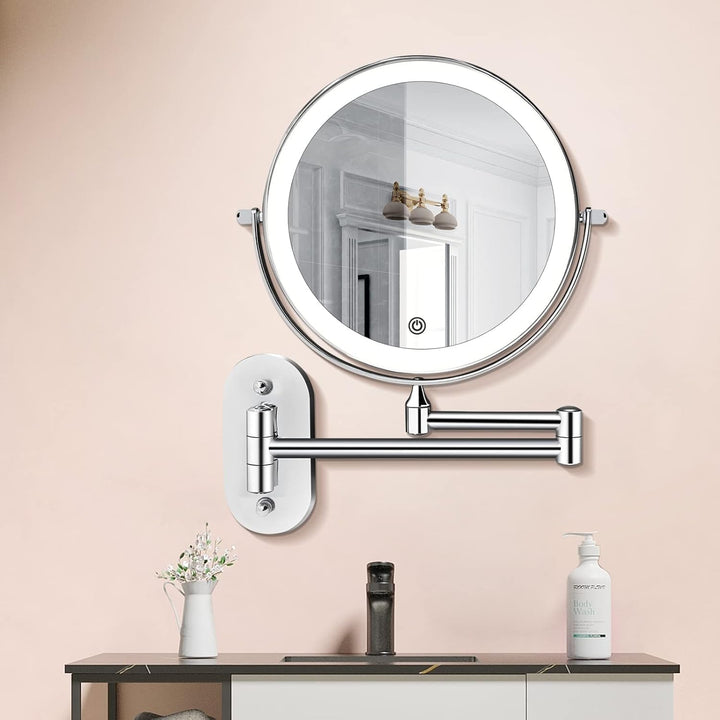 Illuminated wall mirror with 10x magnification and USB charging function