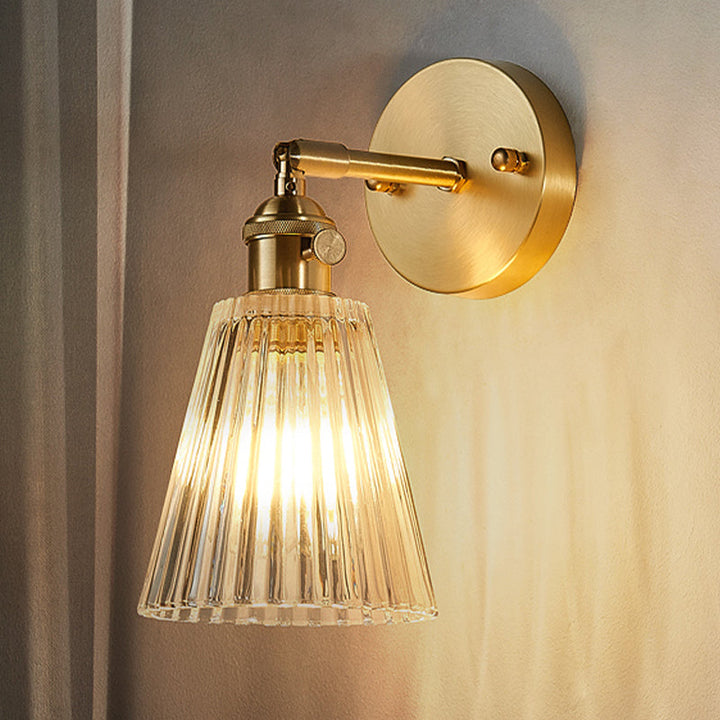 Tapered Clear Textured Glass Wall Lighting Industrial Single Bulb Dining Room Sconce Lamp in Brass