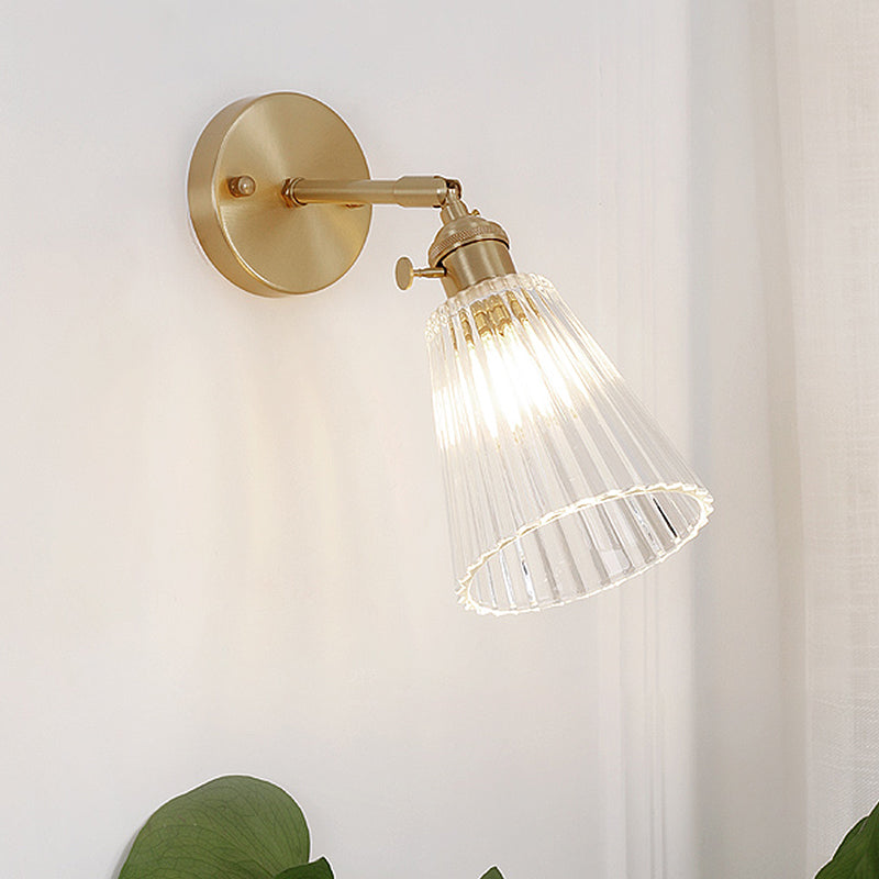 Tapered Clear Textured Glass Wall Lighting Industrial Single Bulb Dining Room Sconce Lamp in Brass