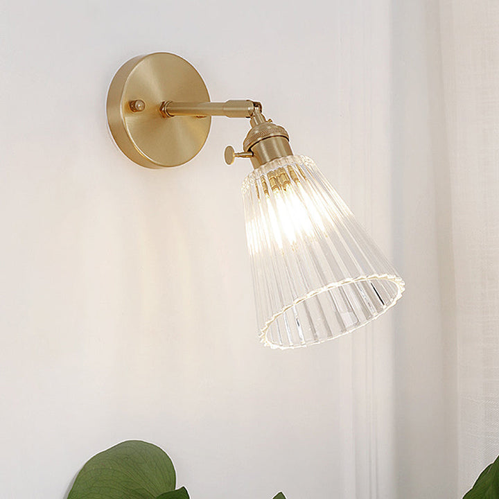 Tapered Clear Textured Glass Wall Lighting Industrial Single Bulb Dining Room Sconce Lamp in Brass