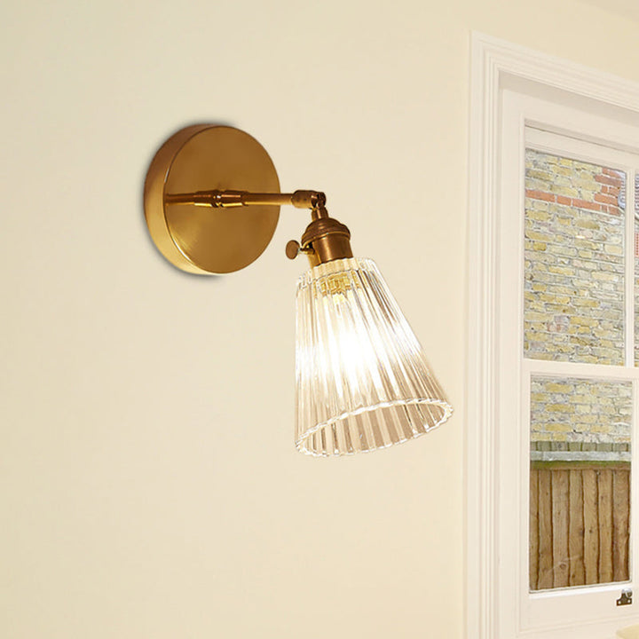 Tapered Clear Textured Glass Wall Lighting Industrial Single Bulb Dining Room Sconce Lamp in Brass
