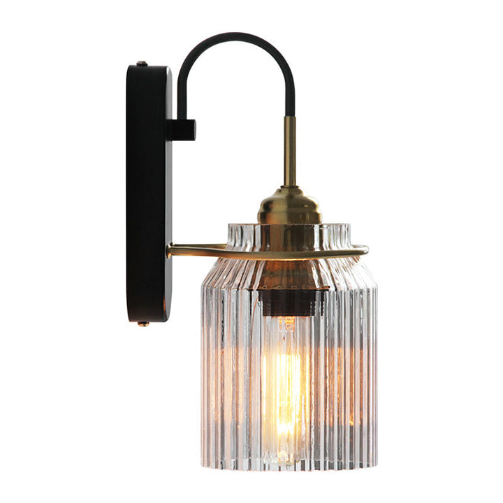 Clear Prismatic Glass Can Shape Sconce Farmhouse 1 Bulb Bedside Wall Mount Light in Black