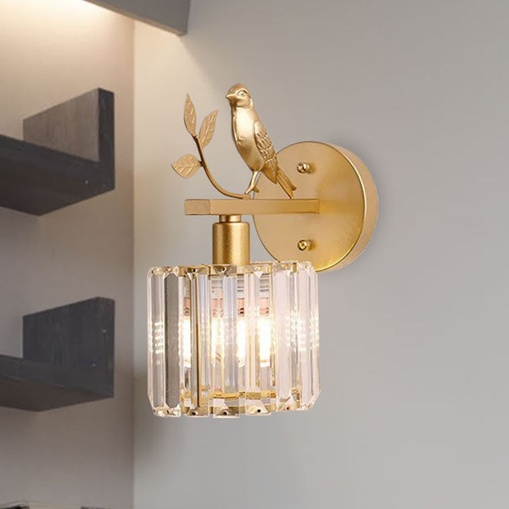 Black/Gold 1 Bulb Sconce Lamp Minimalism K9 Crystal Cylindrical Wall Lighting with Bird Decoration
