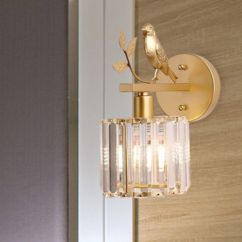 Black/Gold 1 Bulb Sconce Lamp Minimalism K9 Crystal Cylindrical Wall Lighting with Bird Decoration