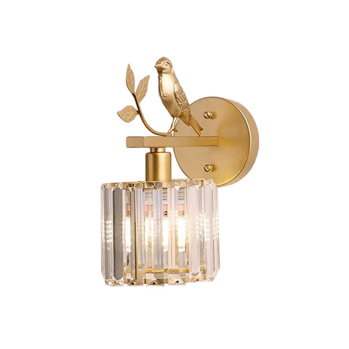 Black/Gold 1 Bulb Sconce Lamp Minimalism K9 Crystal Cylindrical Wall Lighting with Bird Decoration