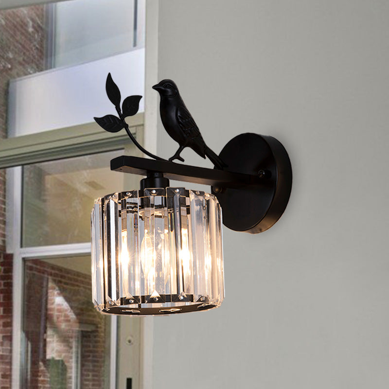 Black/Gold 1 Bulb Sconce Lamp Minimalism K9 Crystal Cylindrical Wall Lighting with Bird Decoration