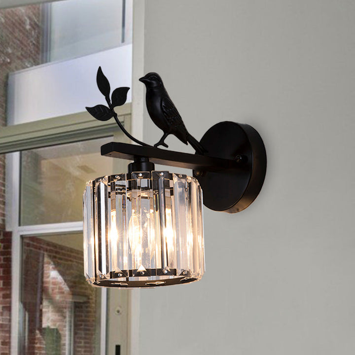 Black/Gold 1 Bulb Sconce Lamp Minimalism K9 Crystal Cylindrical Wall Lighting with Bird Decoration