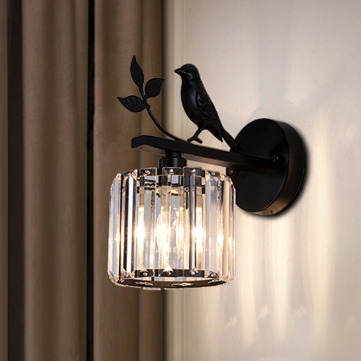 Black/Gold 1 Bulb Sconce Lamp Minimalism K9 Crystal Cylindrical Wall Lighting with Bird Decoration
