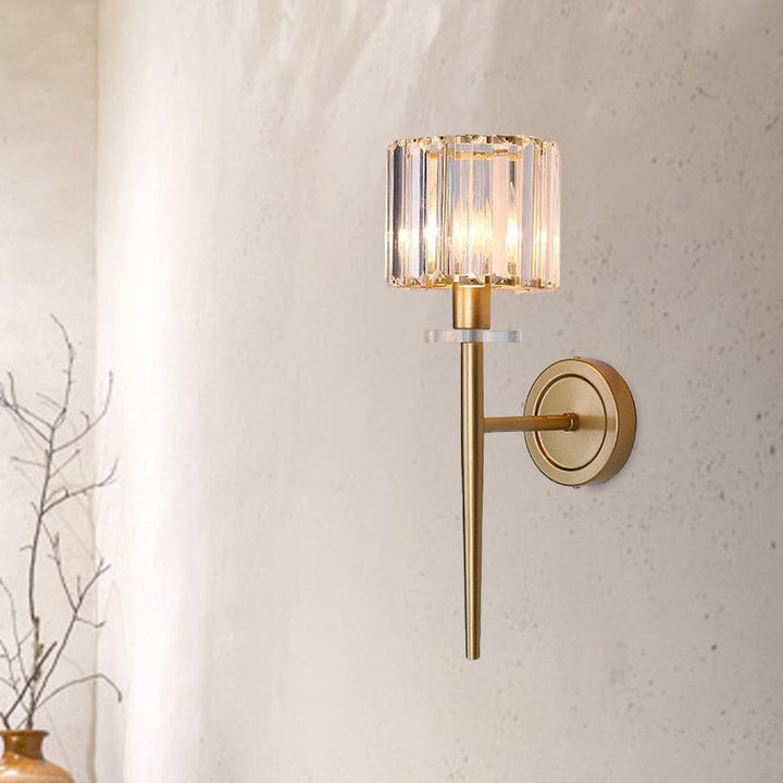 Crystal Block Gold Wall Sconce Cylindrical 1 Light Simple Wall Lighting Fixture with Iron Pencil Arm