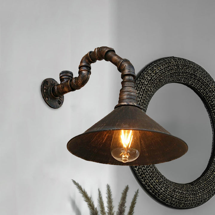 Antique Brass Cone Wall Sconce Farmhouse Style Metallic 1 Head Dining Room Wall Lighting Fixture with Pipe