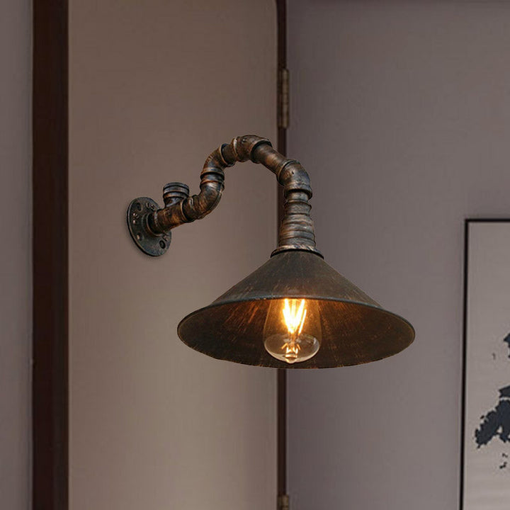 Antique Brass Cone Wall Sconce Farmhouse Style Metallic 1 Head Dining Room Wall Lighting Fixture with Pipe