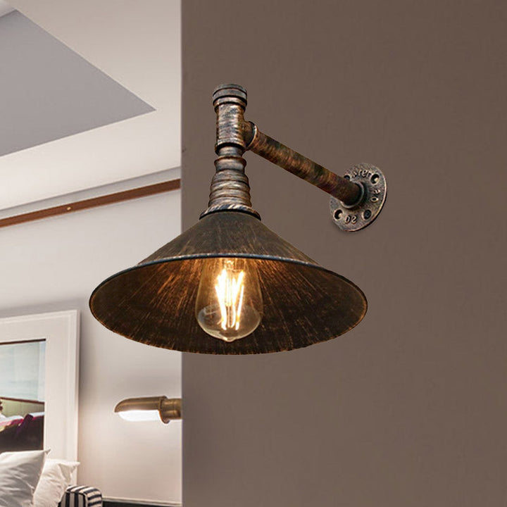 Antique Brass Cone Wall Sconce Farmhouse Style Metallic 1 Head Dining Room Wall Lighting Fixture with Pipe