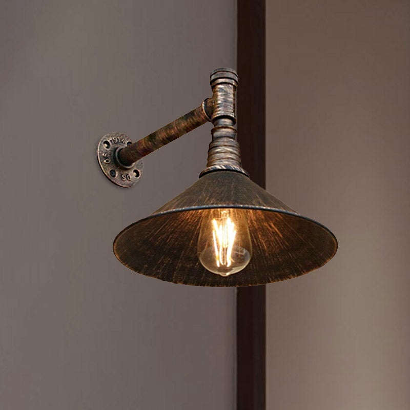 Antique Brass Cone Wall Sconce Farmhouse Style Metallic 1 Head Dining Room Wall Lighting Fixture with Pipe