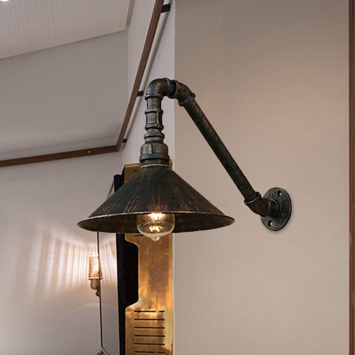 Antique Brass Cone Wall Sconce Farmhouse Style Metallic 1 Head Dining Room Wall Lighting Fixture with Pipe