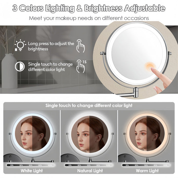 Rechargeable wall-mounted shaving mirror | 360° rotation. 1X/10X magnification
