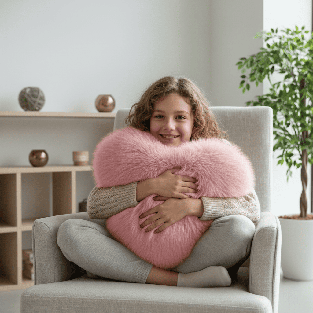 Soft decorative cushion in heart shape with plush texture