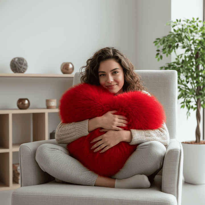Soft decorative cushion in heart shape with plush texture