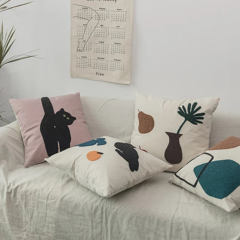 Black Cat & Garden Tufted Pillow Case