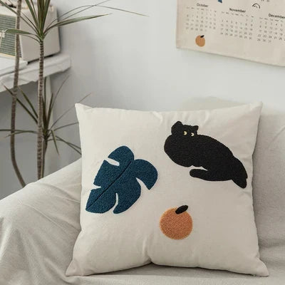 Black Cat & Garden Tufted Pillow Case