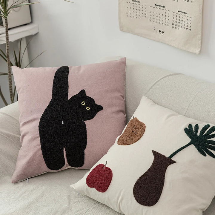 Black Cat & Garden Tufted Pillow Case