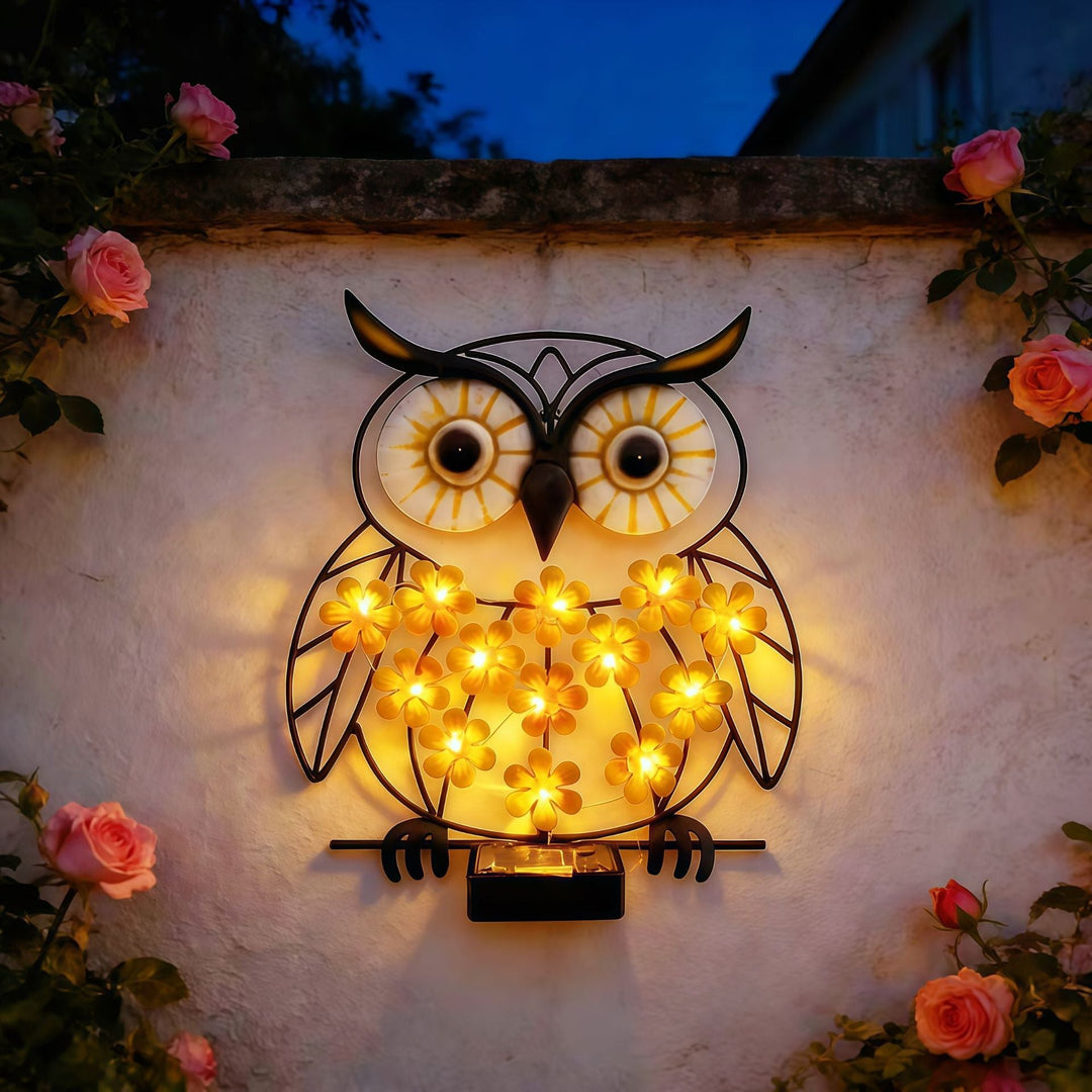 Metal Owl Wall Art With Solar Powered LED Floral Lights And Iron Frame