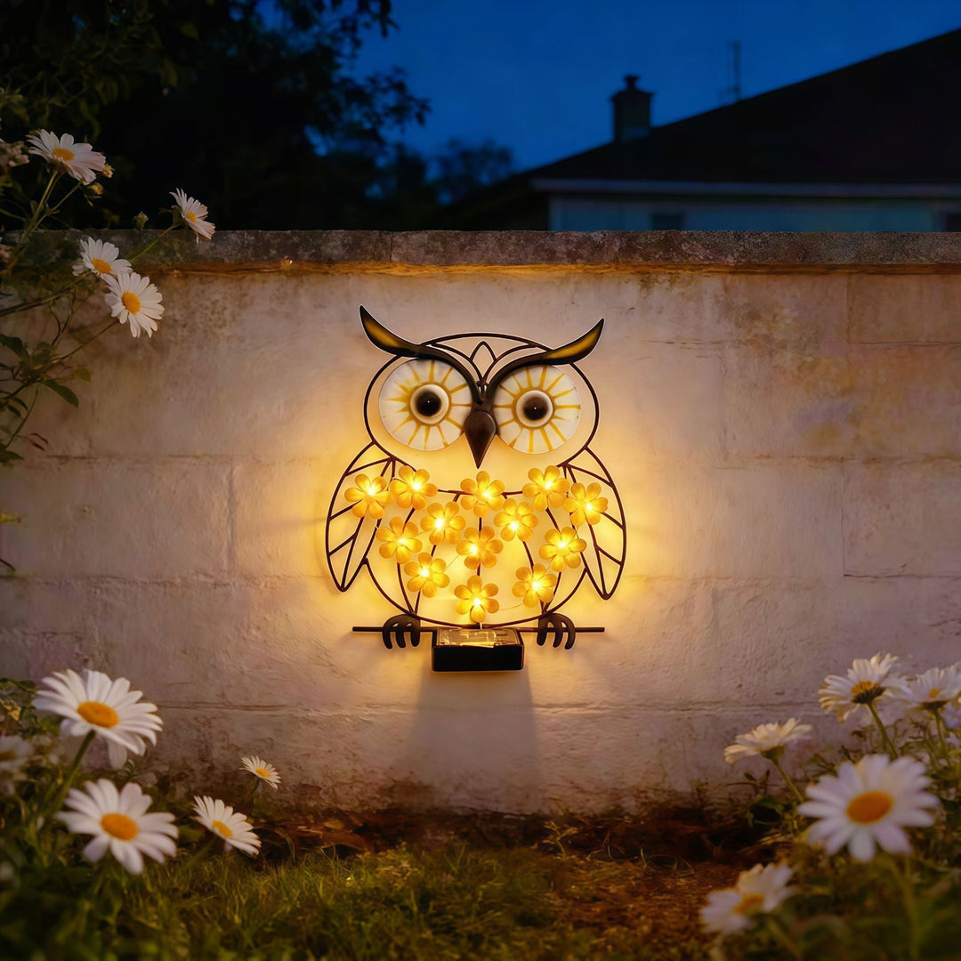 Metal Owl Wall Art With Solar Powered LED Floral Lights And Iron Frame
