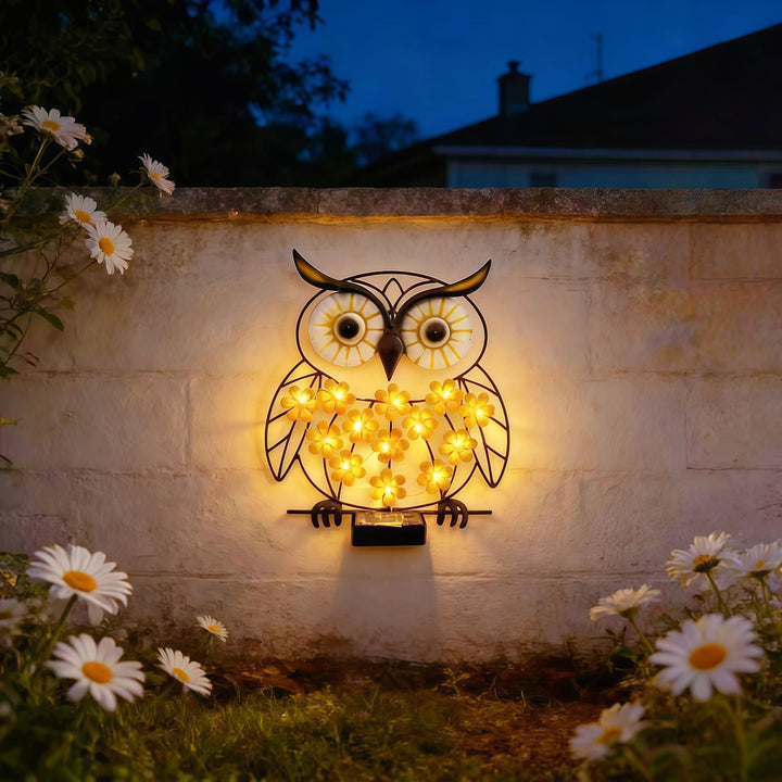 Metal Owl Wall Art With Solar Powered LED Floral Lights And Iron Frame