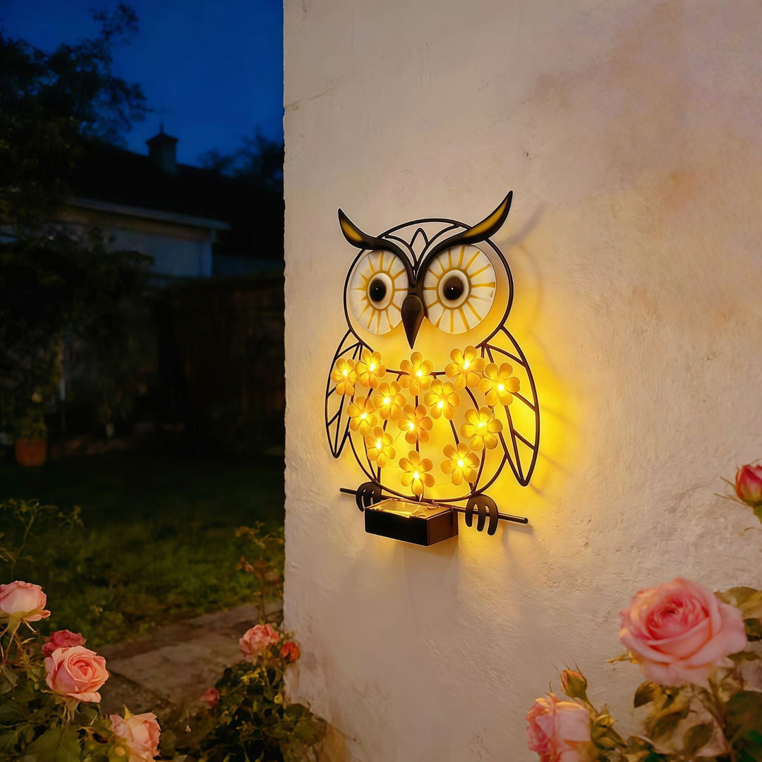 Metal Owl Wall Art With Solar Powered LED Floral Lights And Iron Frame