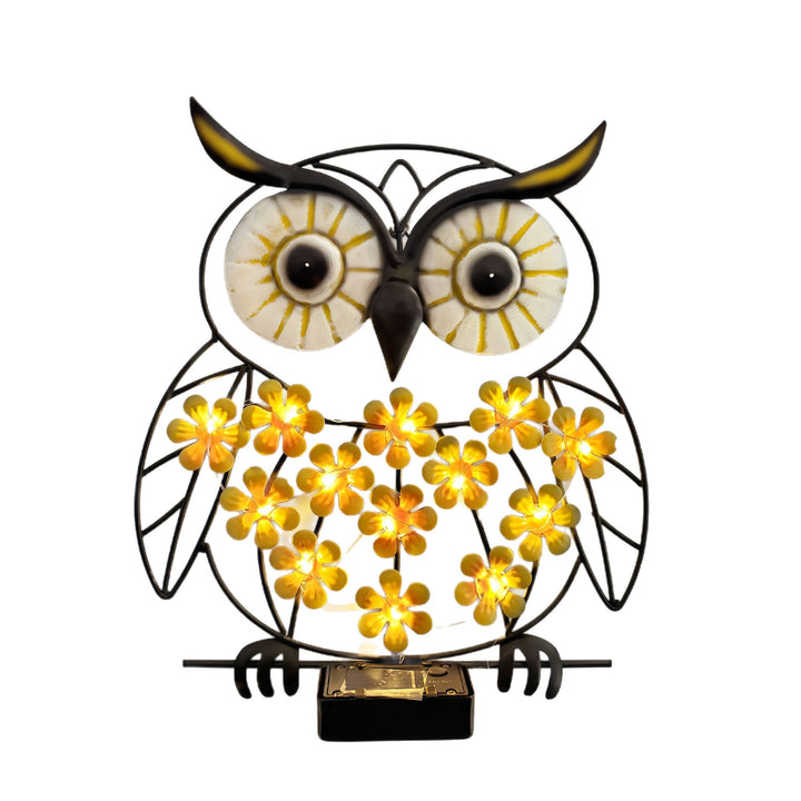 Metal Owl Wall Art With Solar Powered LED Floral Lights And Iron Frame