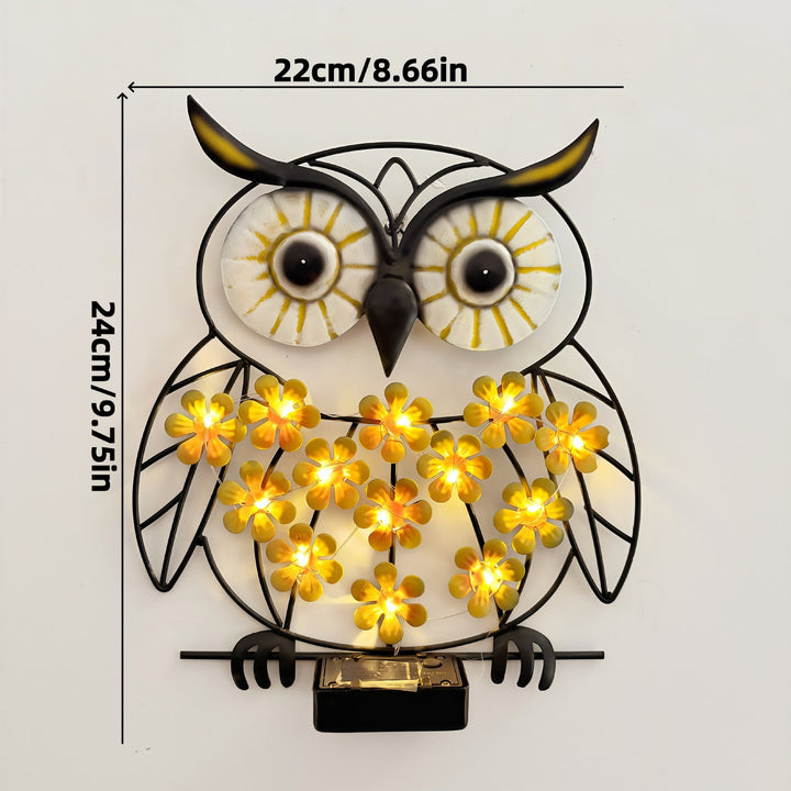Metal Owl Wall Art With Solar Powered LED Floral Lights And Iron Frame