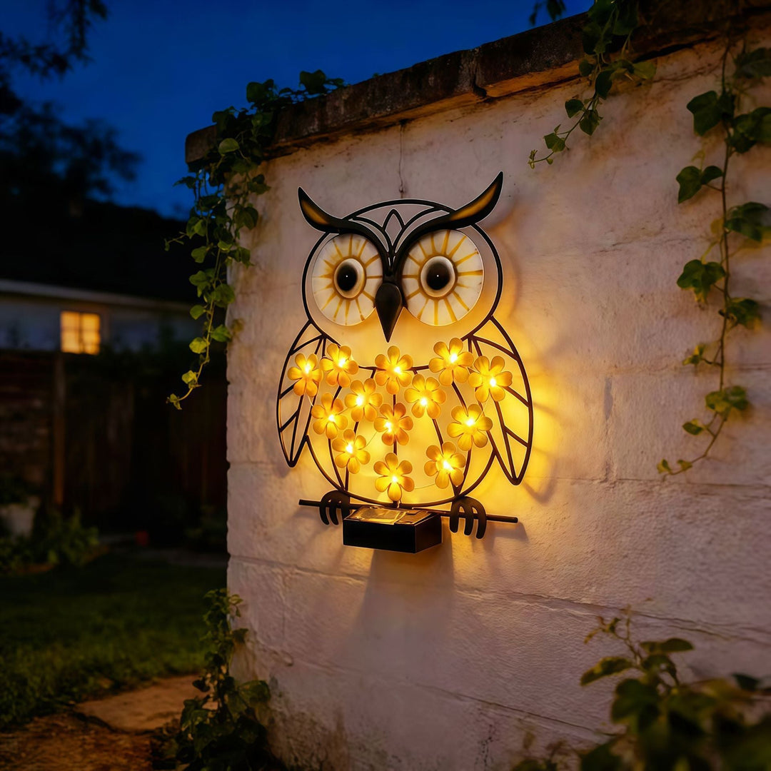 Metal Owl Wall Art With Solar Powered LED Floral Lights And Iron Frame