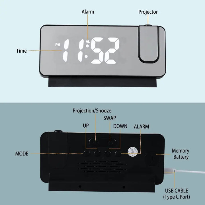 Projection alarm clock with mirror display and large LED screen