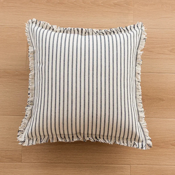 Elegant Pillowcase with Jacquard Pattern and Fringes - Cotton-Linen Blend