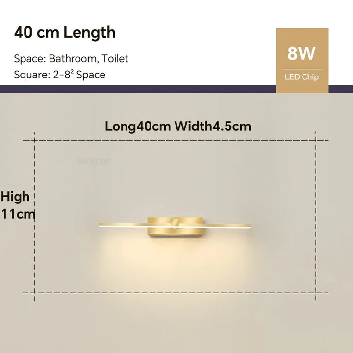 Modern Gold LED Wall Lamp – Bathroom Mirror Light with Touch Switch for Bedroom, Living Room, and Vanity Lighting
