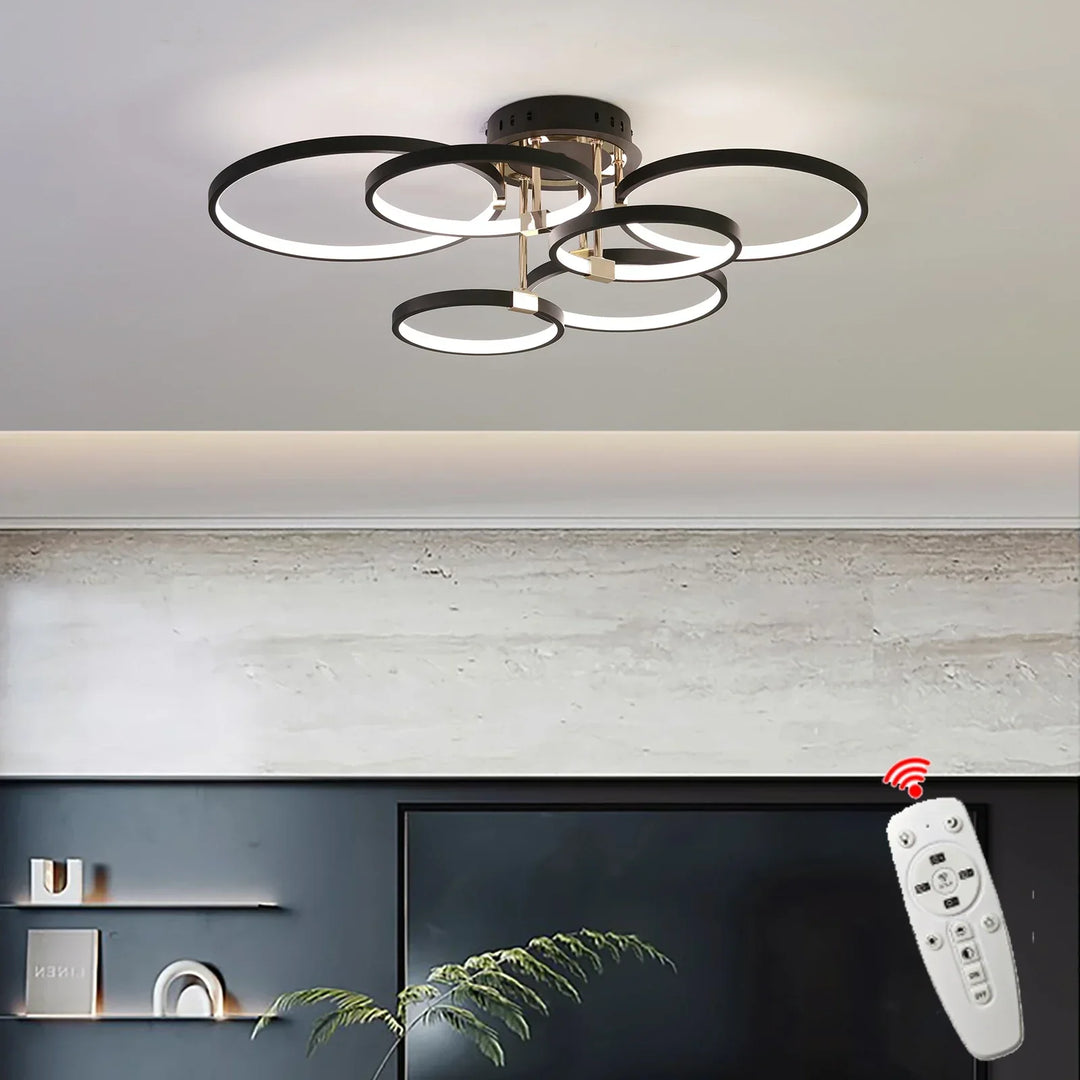 Modern Dimmable LED Ceiling Light – 4/6 Ring Chandelier with Remote Control, Adjustable Color Temperature for Living Room, Bedroom, and Dining Room