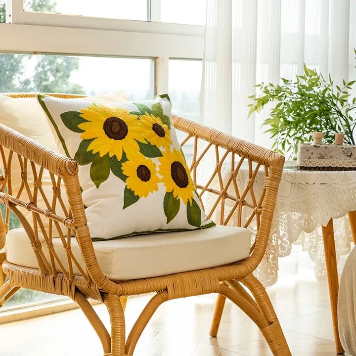 Cotton Embroidered Decorative Pillow 45x45 cm with Sunflower Pattern