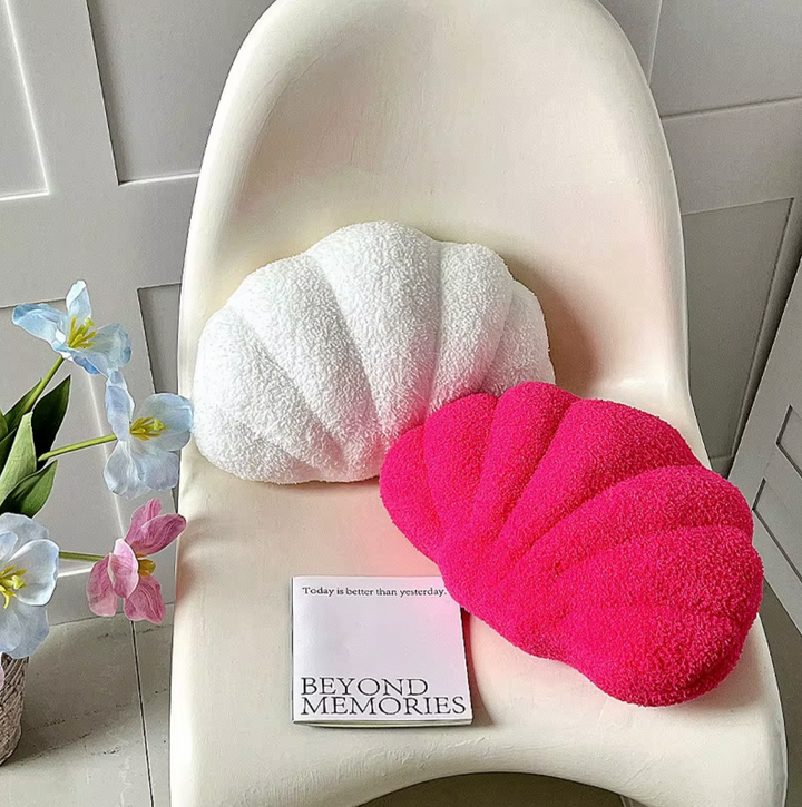 Pastel Shell Cushion – Fluffy Bouclé Plush Pillow