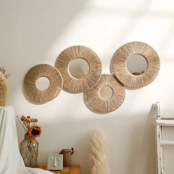Round decorative wall mirror in boho style